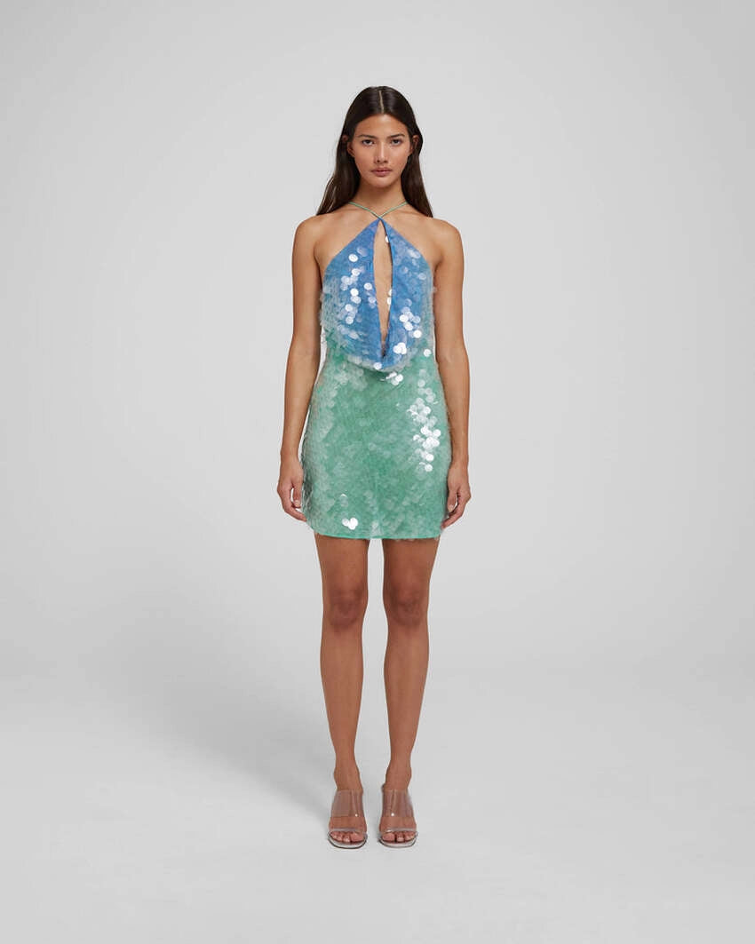 The Kiki Dress captivates with its molten sequin ombré, flowing seamlessly from blue to green for a striking summer soirée look. Expertly bias-cut, it contours the body with a flattering drape that highlights the luxe fabric’s fluidity. Featuring a sensual plunging back and dramatic cowl neckline, this dress embodies refined elegance and vibrant energy, perfect for making a lasting impression on warm, lively nights.