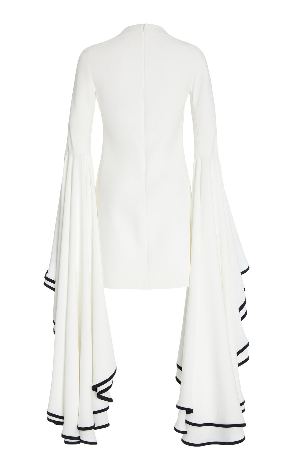 This Stretch Crepe Sleeve Dress by Proenza Schouler features a slim fit with a mock neck and exaggerated bell sleeves accented by contrast cuff trim. The mini hem and concealed back zip create a streamlined silhouette, designed to fit true to size. Pair it with statement heels in a matching colorway and style your hair in a sleek low bun for an elegant, polished look. Unlined for lightweight comfort, it’s perfect for occasions that call for refined sophistication.