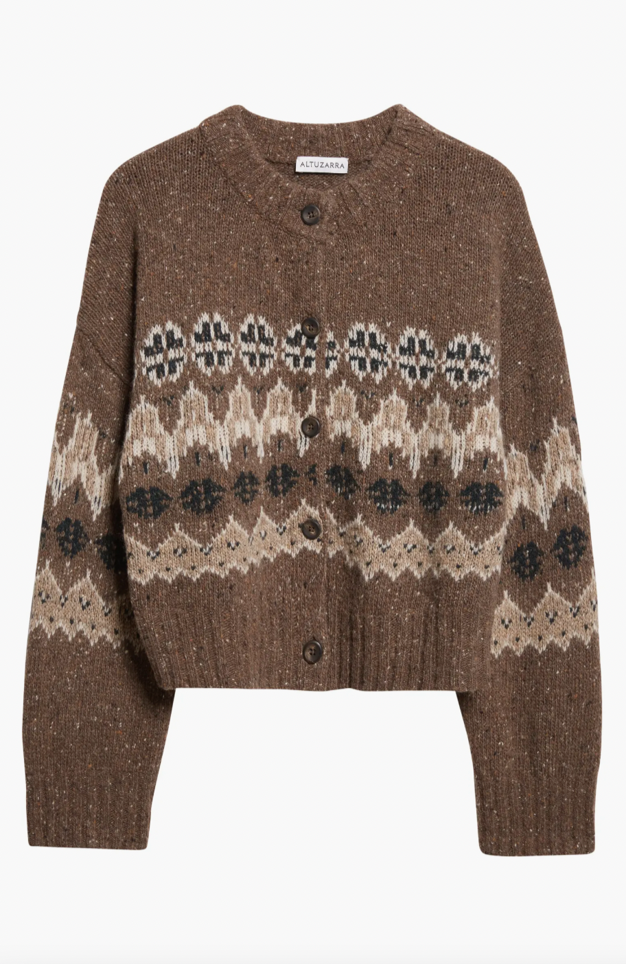 This sophisticated cardigan reimagines classic Fair Isle aesthetics through a contemporary lens, crafted from a textured wool blend that delivers both visual interest and warmth. The dropped-shoulder silhouette creates an effortlessly relaxed fit, while the traditional motif patterns add timeless appeal to your everyday rotation. 
