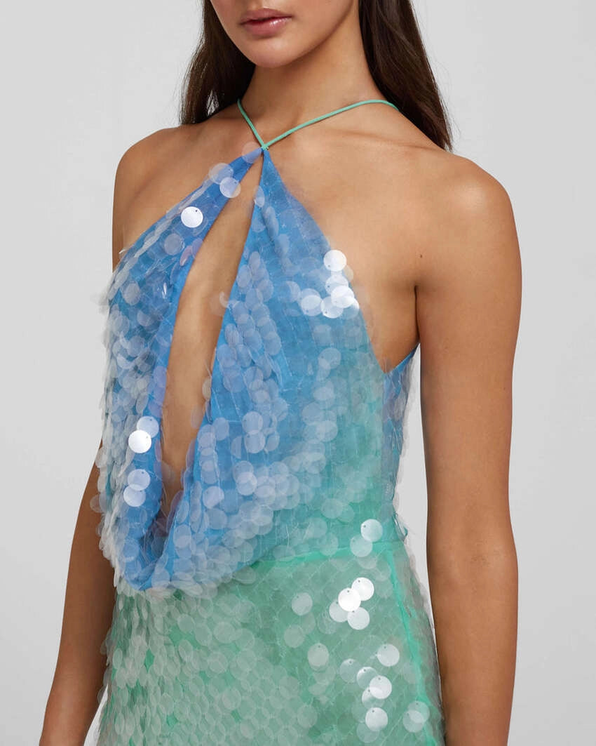 The Kiki Dress captivates with its molten sequin ombré, flowing seamlessly from blue to green for a striking summer soirée look. Expertly bias-cut, it contours the body with a flattering drape that highlights the luxe fabric’s fluidity. Featuring a sensual plunging back and dramatic cowl neckline, this dress embodies refined elegance and vibrant energy, perfect for making a lasting impression on warm, lively nights.