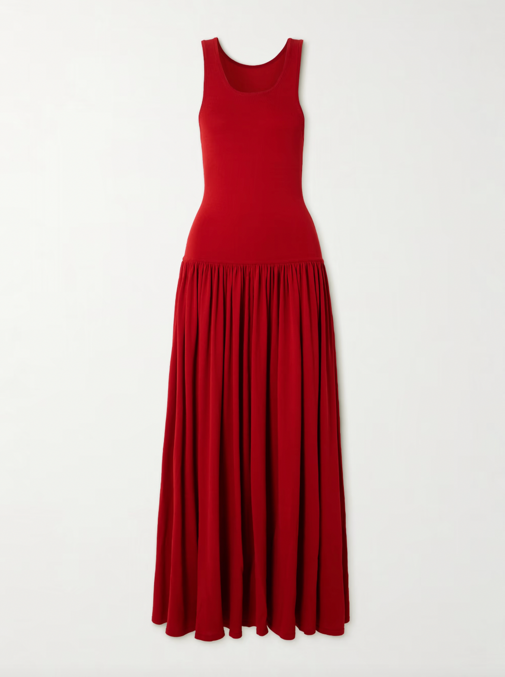 Loulou de Saison's Jada gathered knitted maxi dress expertly combines comfort, detail, and structure. Featuring a scoop neck reminiscent of a tank top, the dress flows gracefully into gathered pleats at the dropped waist, creating a flattering silhouette. Crafted for both style and ease, this red dress offers a refined yet relaxed look perfect for a variety of occasions.