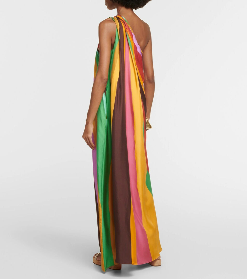 La DoubleJ's Roy maxi dress exemplifies refined craftsmanship through its collaboration with prestigious Milanese textile manufacturers. This striking one-shoulder silhouette features an archival striped pattern rendered in pure silk, delivering both visual intrigue and luxurious drape. The whimsical design balances bold pattern work with elegant proportions, making it an exceptional choice for those seeking distinctive, investment-worthy pieces that transcend seasonal trends.