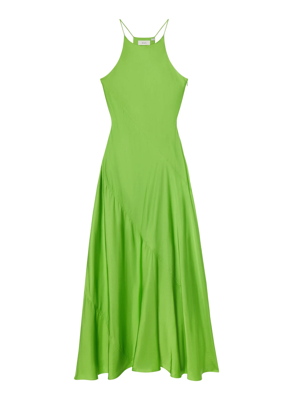 The Sybil Satin Maxi Dress by A.L.C showcases the refined elegance of fluid viscose satin in a striking lime green. Its bias-cut construction creates a graceful, body-skimming silhouette that moves with you, while the high halter neckline and delicate straps deliver a sculpted, sophisticated look. Perfect for elevated occasions where understated luxury speaks volumes.