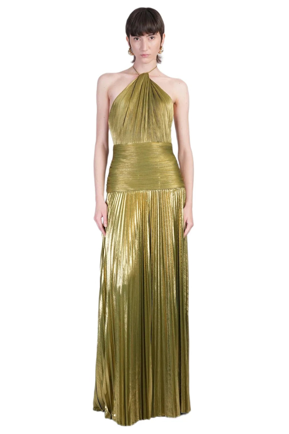 The Thalia Dress by Retrofete showcases pleated satin that shimmers with every movement. Its halterneck tie-up closure and concealed back zipper deliver a tailored fit, complemented by an open back that exudes refined allure. Partially lined for comfort and featuring a front slit, this dress balances elegance with ease of wear, making it a sophisticated choice for any upscale event.