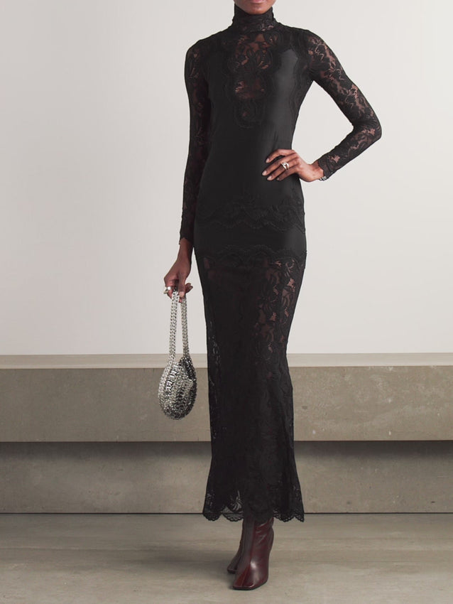 Rabanne's Fall '24 collection features exquisite lace designs, including this elegant maxi dress crafted from delicate lace with contrasting silk-satin panels that enhance its sheer, sophisticated silhouette