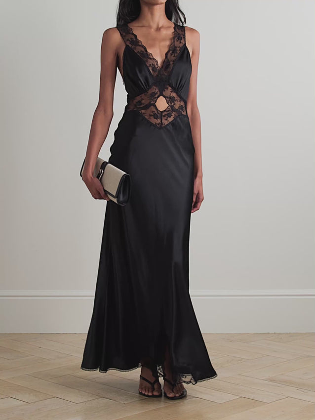 Embrace timeless elegance with this striking Aries maxi dress by SIR, crafted from luxurious silk-satin that drapes beautifully against the skin. Delicate lace trim adorns strategic cutouts, creating an alluring silhouette that balances sophistication with modern edge. The flowing maxi length offers graceful movement, making it an ideal choice for evening events, upscale gatherings, or any occasion demanding refined style. A versatile investment piece that transitions seamlessly from season to season.