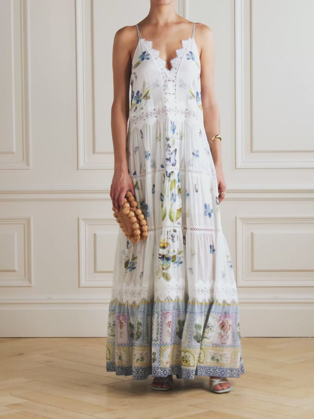 Introducing the Camilla maxi dress—an elegant layered design that combines delicate lace trim with a luxurious cotton and silk-blend chiffon fabric. The tiered silhouette creates graceful movement and dimension, while the refined blend of materials offers both breathability and a soft, flowing drape. Perfect for special occasions or elevated everyday wear, this dress brings sophistication and comfort together in one stunning piece.