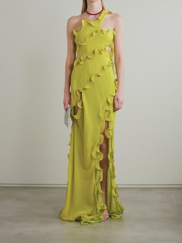 Cult Gaia's 'Micola' gown is as ethereal as it is elegant. Made from crinkled-voile, it's trimmed with sculptural ruffles and has cutouts at the one-shoulder neckline and waist. Balance the flowing train with heels in a tonal chartreuse shade.