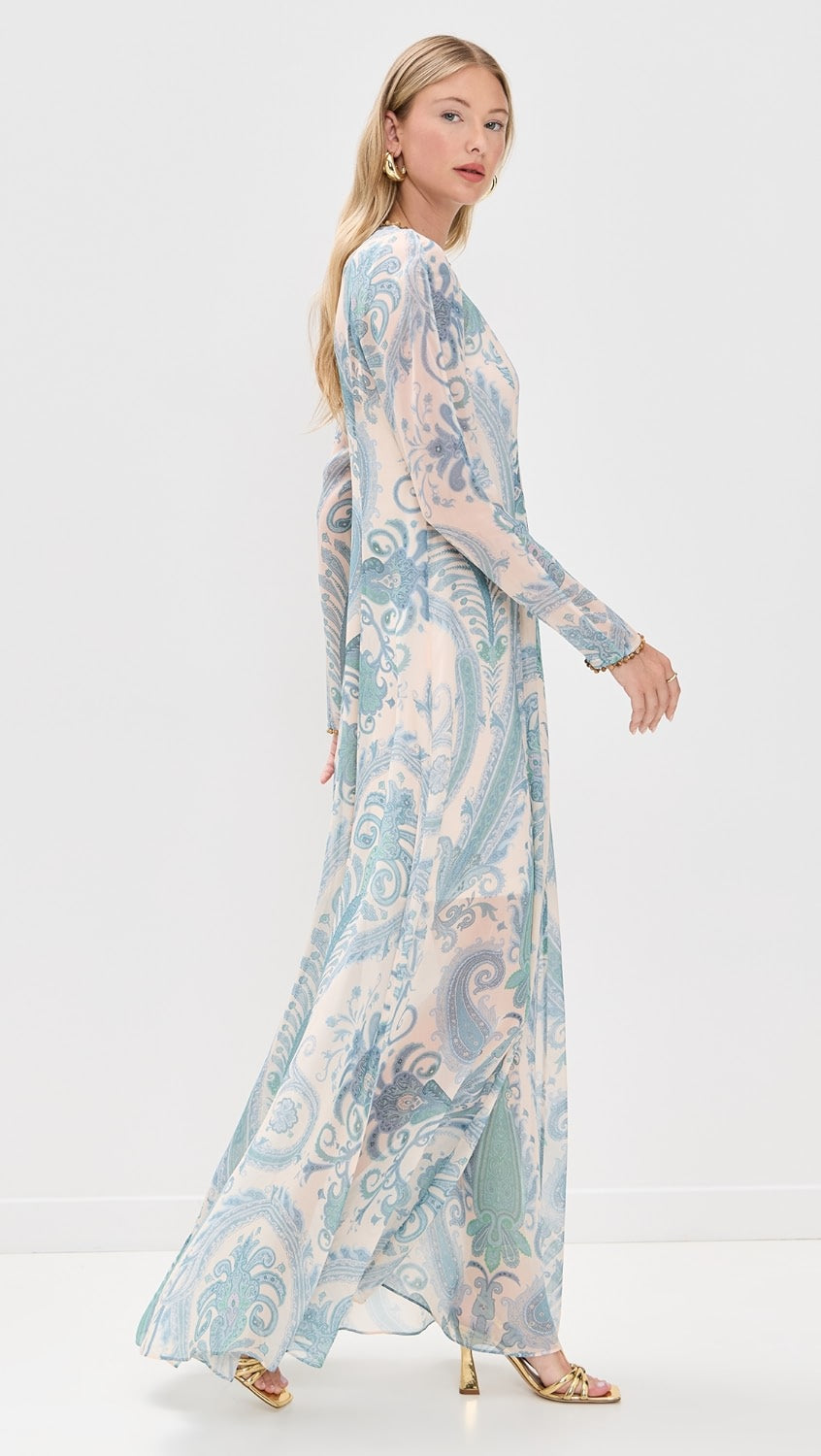 Crafted from lightweight, non-stretch chiffon, the Illuminate Sheath Dress by Zimmermann features an elegant paisley print that enhances its refined silhouette. The beaded neckline and cuffs add a touch of sophisticated detail, while the maxi length and crew neck provide classic coverage. A discreet back zipper ensures a tailored fit, making this dress a perfect choice for formal occasions where polished style is essential.