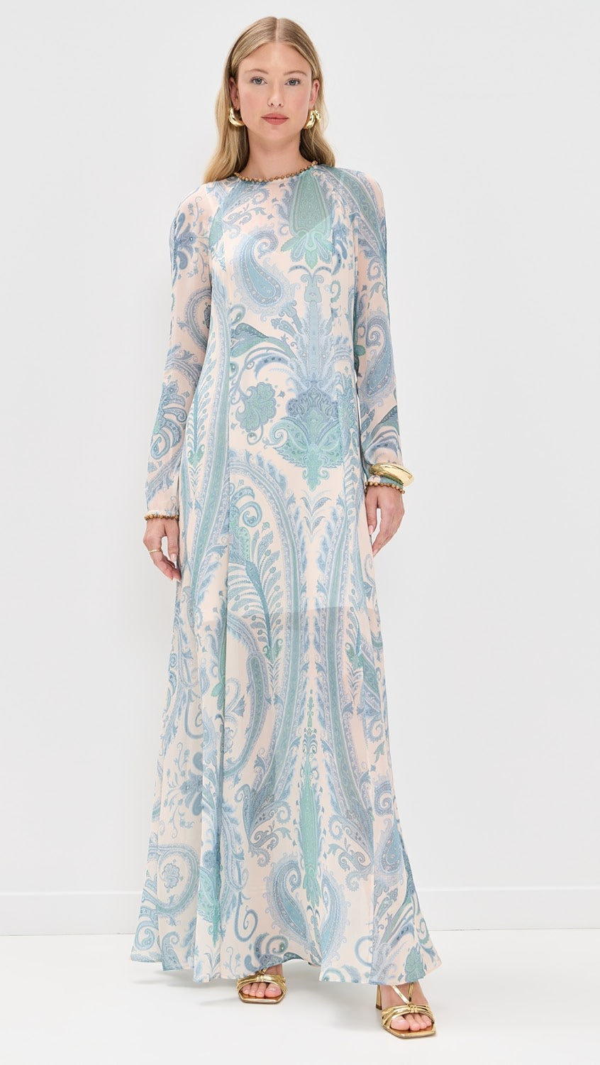 Crafted from lightweight, non-stretch chiffon, the Illuminate Sheath Dress by Zimmermann features an elegant paisley print that enhances its refined silhouette. The beaded neckline and cuffs add a touch of sophisticated detail, while the maxi length and crew neck provide classic coverage. A discreet back zipper ensures a tailored fit, making this dress a perfect choice for formal occasions where polished style is essential.