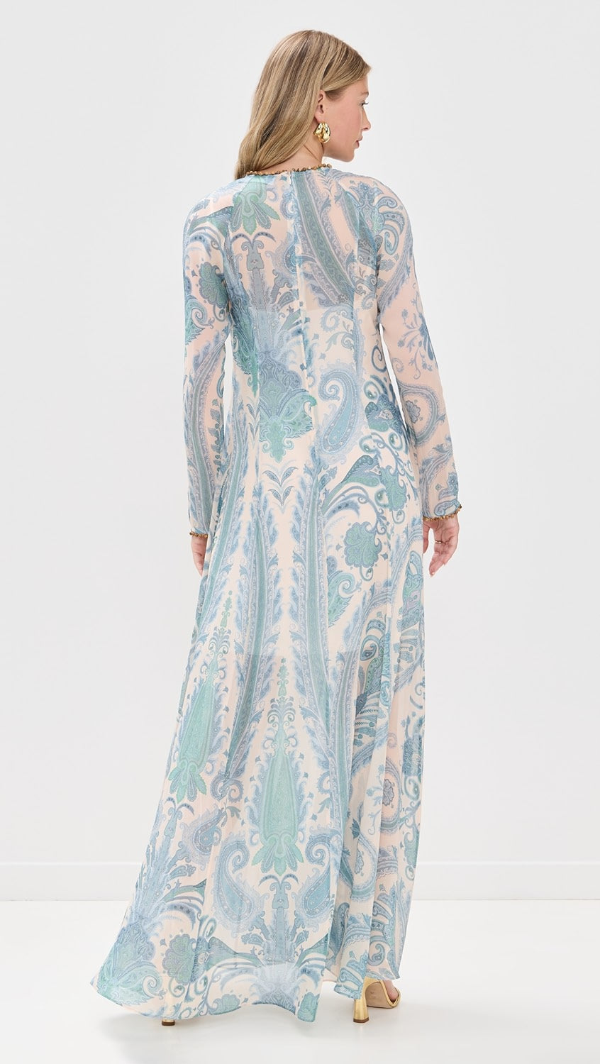 Crafted from lightweight, non-stretch chiffon, the Illuminate Sheath Dress by Zimmermann features an elegant paisley print that enhances its refined silhouette. The beaded neckline and cuffs add a touch of sophisticated detail, while the maxi length and crew neck provide classic coverage. A discreet back zipper ensures a tailored fit, making this dress a perfect choice for formal occasions where polished style is essential.